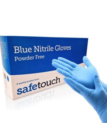 Safetouch blue nitrile gloves, powder free, medical grade - box of 100 with gloved hand