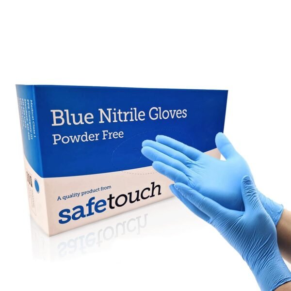 Safetouch blue nitrile gloves, powder free, medical grade - box of 100 with gloved hand