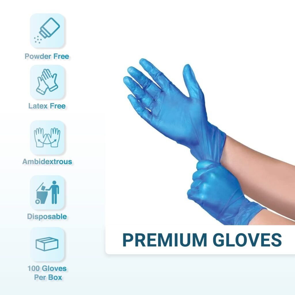 Blue vinyl powder free disposable gloves, latex free, ambidextrous, 100 gloves per box