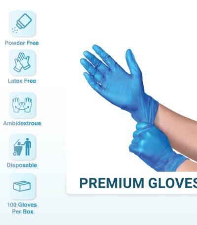Blue vinyl powder free disposable gloves, latex free, ambidextrous, 100 gloves per box