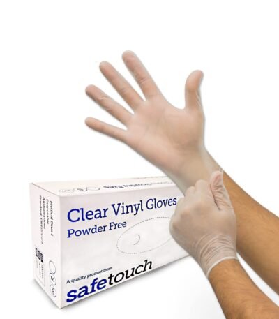 Safetouch clear vinyl gloves, powder free, food safe - box of 100 with gloved hands