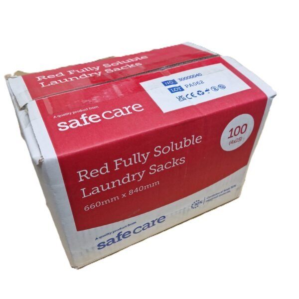 Case of 100 Red Fully Soluble Laundry Sacks, 660mm x 840mm, 4 rolls of 25