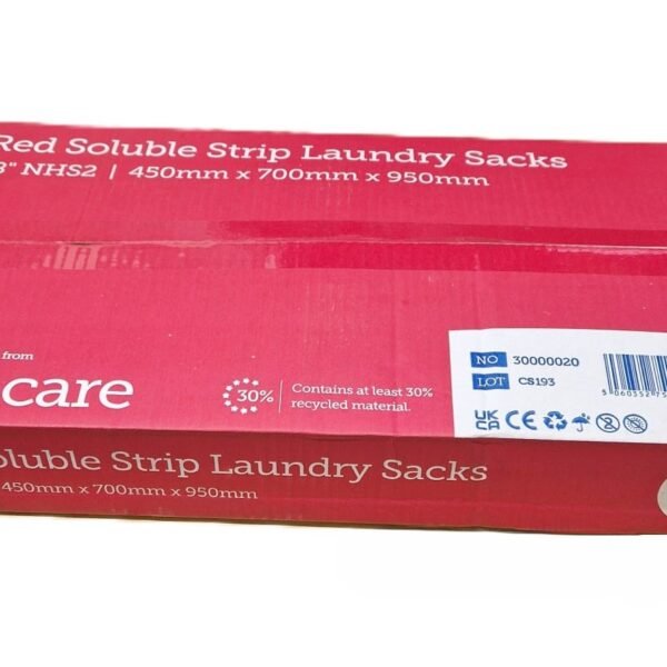 Case of 200 red soluble strip laundry bags, 38 inch, for soiled and infected linen